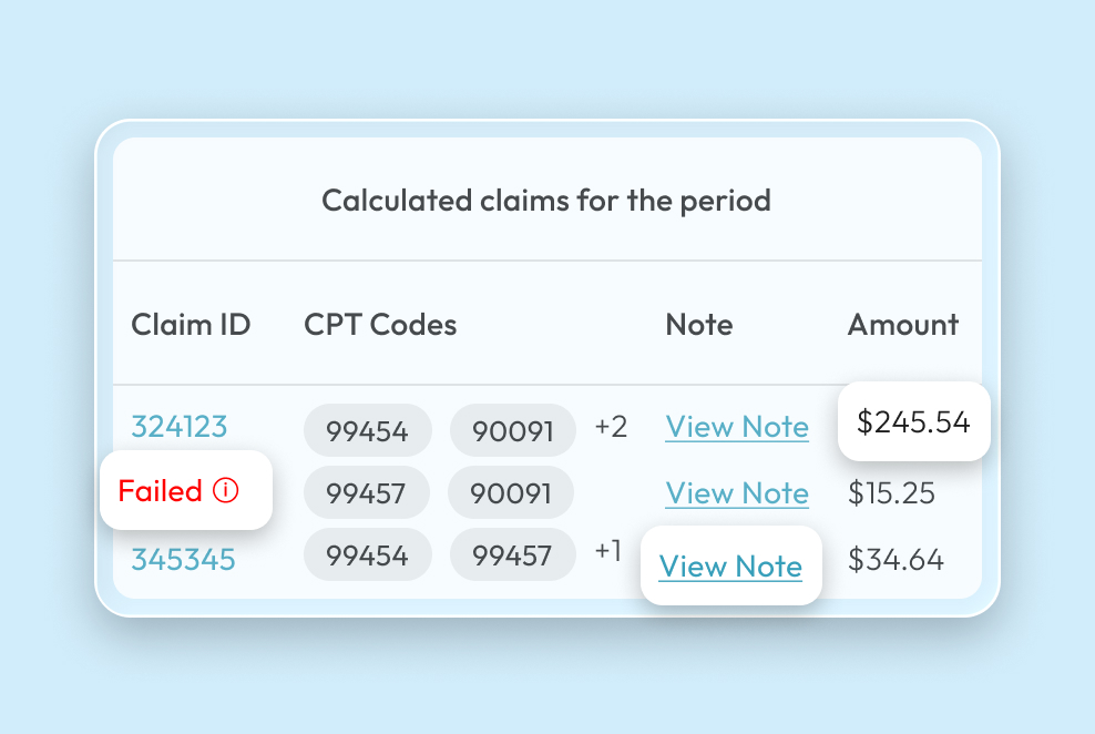 Claims calculation interface showing revenue amounts and validation status