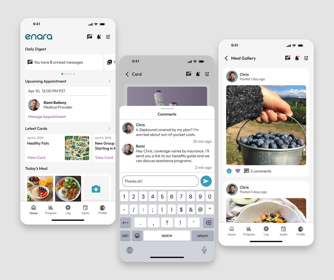 Enara app patient interaction screens showing weight tracking and messaging