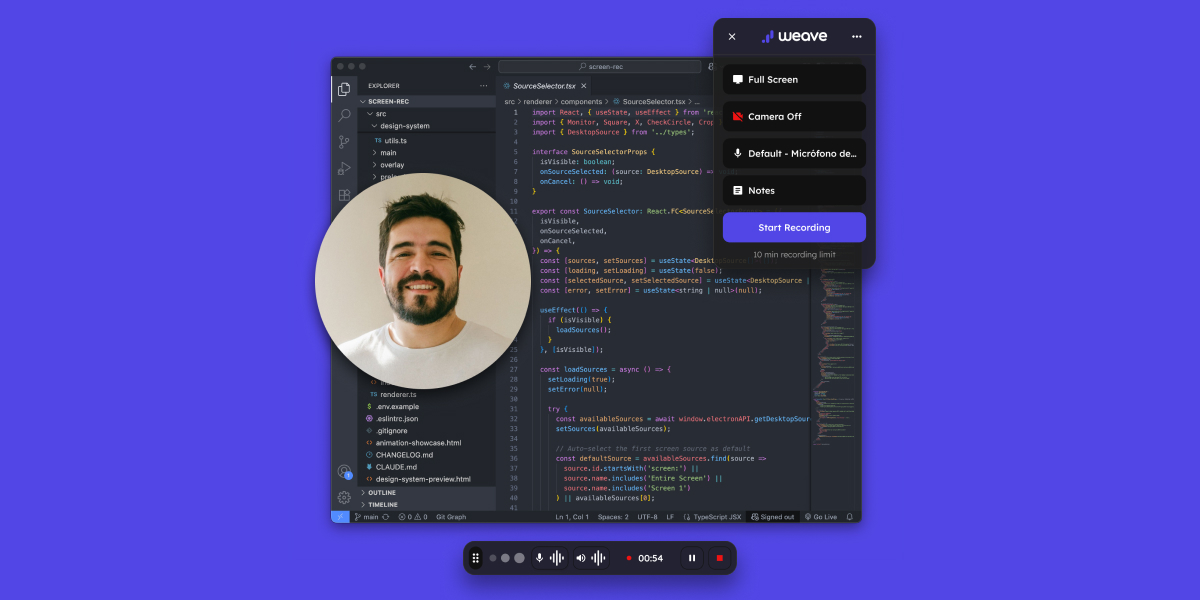Weave app interface preview showing video recording features